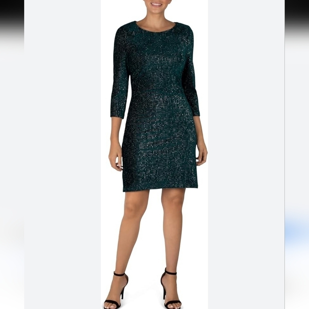 Julia Jordan Womens Sheath Dress Green Sz 8 Velvet Textured Sequin 3/4-Sleeve